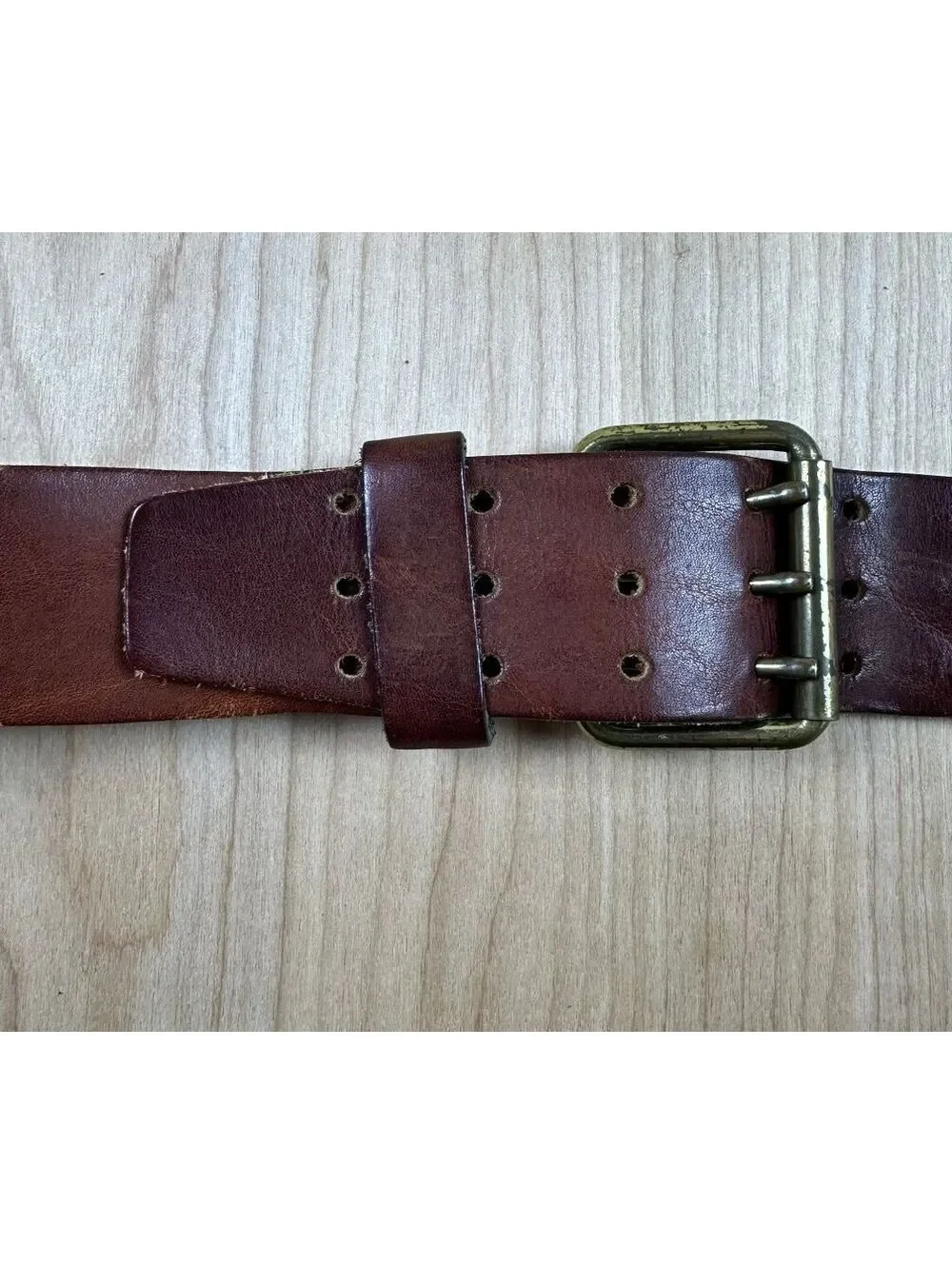Vintage 80s Triple Prong Leather Belt heavy duty utility 1-7/8
